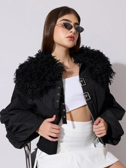 SHOWOFFFF - Edition Womens Black Faux Fur Collar Buckled Bomber Jacket