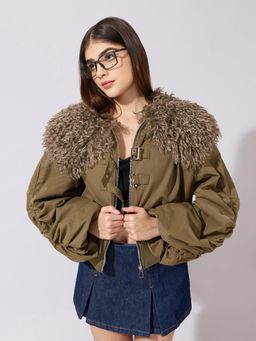 SHOWOFFFF - Edition Womens Olive Faux Fur Collar Buckled Bomber Jacket