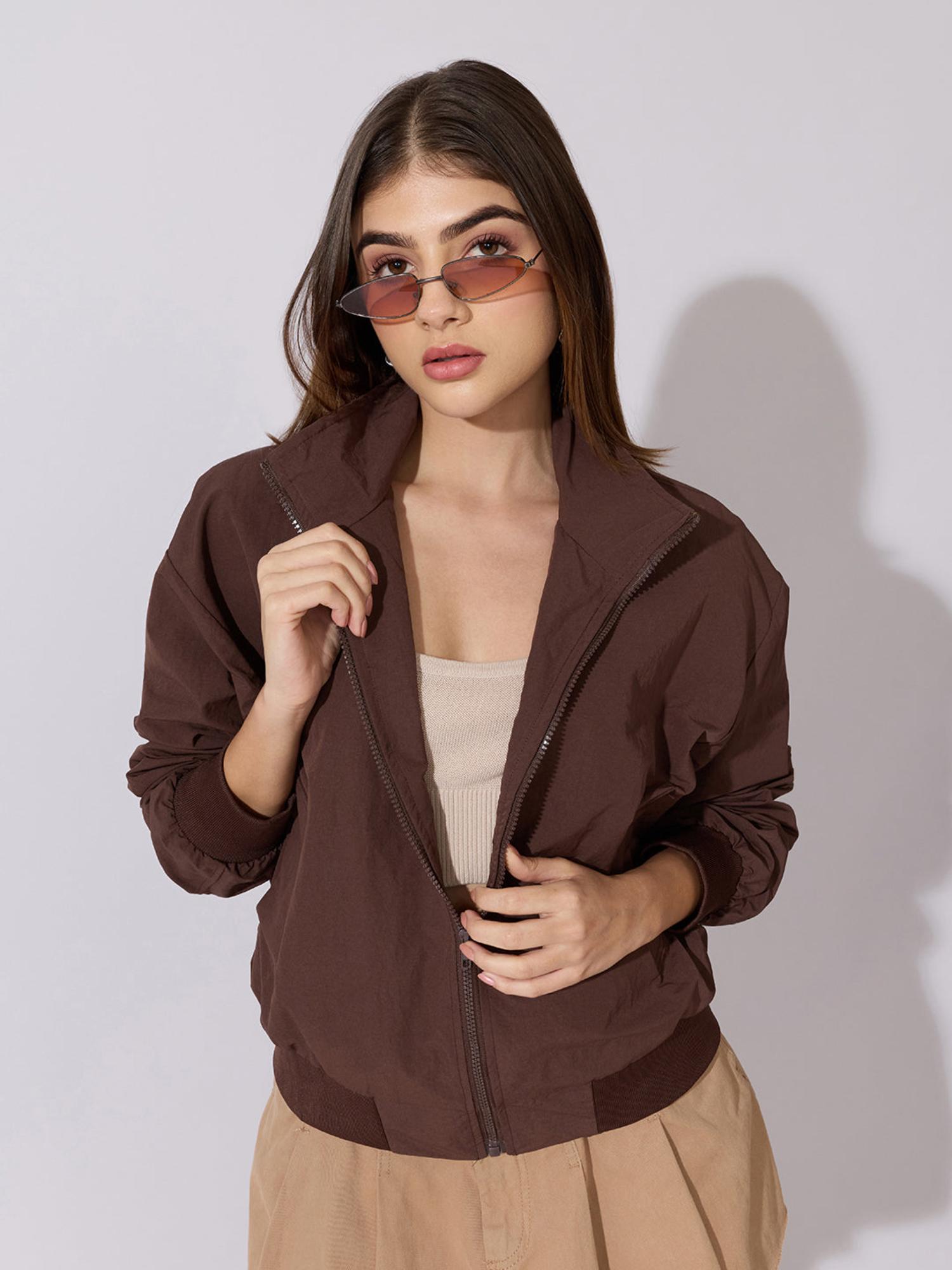 showoffff Edition Womens Brown High Neck Zip-Up Bomber Jacket-picture-30
