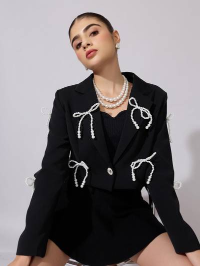 Edition Womens Black Pearl Bow Embellished Crop Blazer