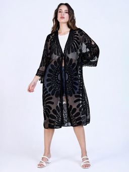 SHOWOFFFF - Womens Floral Embroidered Sheer Black Longline Shrug
