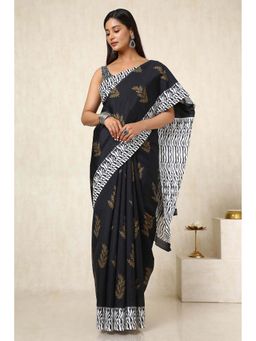 Soch - Women Black Art Silk Botanical Print Saree with Unstitched Blouse