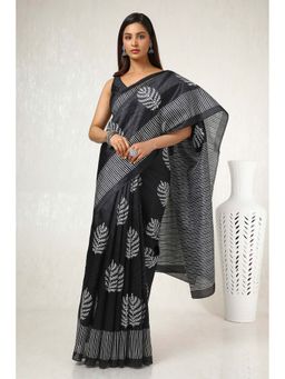 Soch - Women Black Art Silk Botanical Print Saree with Unstitched Blouse
