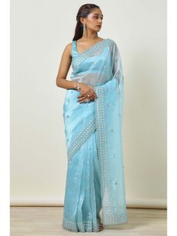 Soch - Women Powder Blue Organza Saree with Unstitched Blouse