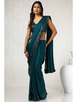 Soch - Women Teal Green Satin Saree with Unstitched Blouse