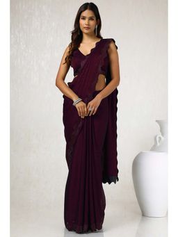 Soch - Women Wine Chiffon Embroidered Saree with Unstitched Blouse