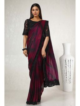 Soch - Women Wine Chiffon Striped Saree with Unstitched Blouse