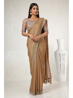 Soch - Women Beige Chiffon Striped Saree with Unstitched Blouse