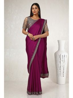 Soch - Women Wine Crepe Embroidered Saree with Unstitched Blouse