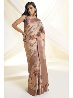 Soch - Women Gold Tussar Floral Print Saree with Unstitched Blouse