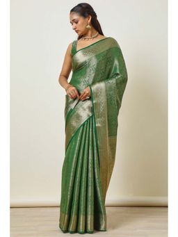 Soch - Women Olive Tussar Zari Woven Saree with Unstitched Blouse