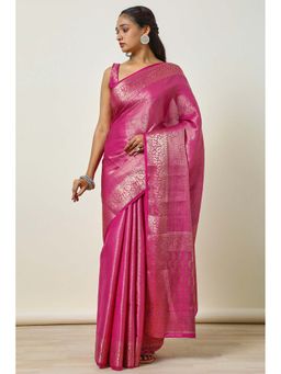 Soch - Women Magenta Tussar Zari Woven Saree with Unstitched Blouse