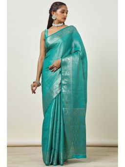 Soch - Women Teal Green Tussar Zari Woven Saree with Unstitched Blouse