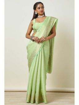 Soch - Women Sap Green Tussar Zari Woven Saree with Unstitched Blouse