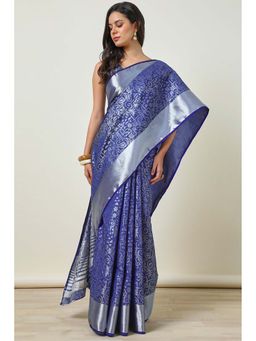 Soch - Women Blue Tussar Zari Woven Saree with Unstitched Blouse