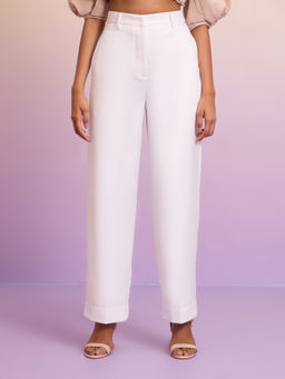 RSVP by Nykaa Fashion - White Solid High Waist Straight Semi Formal Linen Pant