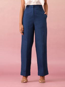RSVP by Nykaa Fashion - Navy Blue Solid High Waist Straight Semi Formal Linen Pant