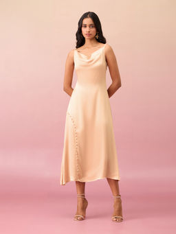 RSVP by Nykaa Fashion - Beige Satin Solid Cowl Neck Strappy Midi Dress