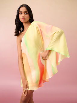 RSVP by Nykaa Fashion - Multicolor Satin Ombre Print One Shoulder Flared Short Dress