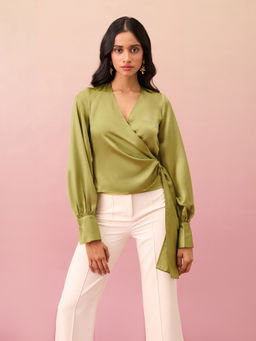 RSVP by Nykaa Fashion - Green Solid Bishop Sleeves Satin Wrap Top