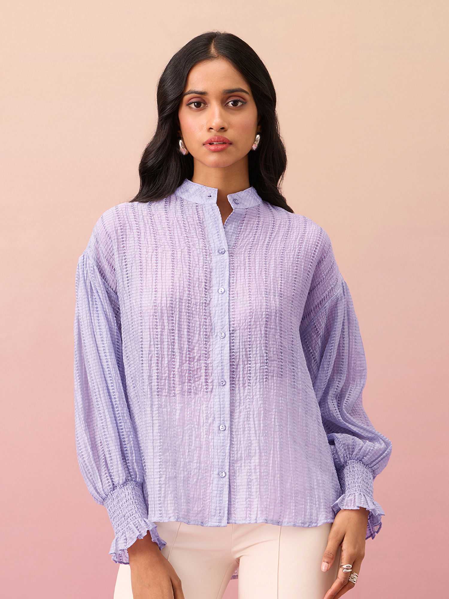 Lilac Textured Mandarin Collar Puff Sleeves Shirt-picture-18