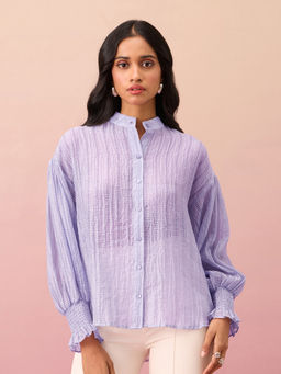 RSVP by Nykaa Fashion - Lilac Textured Mandarin Collar Puff Sleeves Shirt