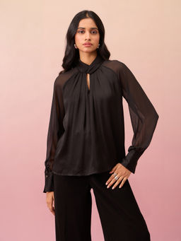 RSVP by Nykaa Fashion - Black Solid Round Neck Raglan Sleeves Satin Top