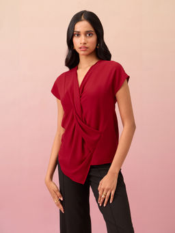 RSVP by Nykaa Fashion - Cherry Red Solid V Neck Asymmetric Top