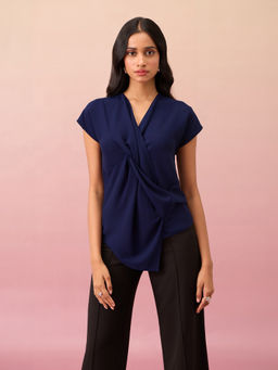 RSVP by Nykaa Fashion - Navy Blue Solid V Neck Asymmetric Top