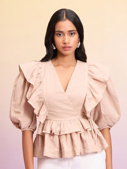 RSVP by Nykaa Fashion - Beige Solid Ruffle V Neck Puff Sleeves Top