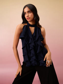 RSVP by Nykaa Fashion - Navy Blue Solid Sleeveless High Neck Top