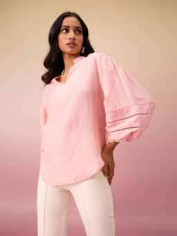 RSVP by Nykaa Fashion - Peach Solid V Neck Puff Sleeves Top