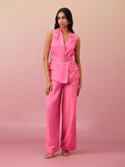 RSVP by Nykaa Fashion - Candy Pink Solid Lapel Collar Blazer with High Waist Pant Co-Ord (Set of 3)