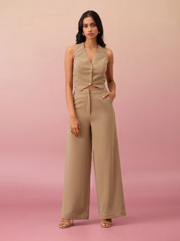 RSVP by Nykaa Fashion - Beige V Neck Vest Top with Wide Leg Pant Co-Ord (Set of 2)
