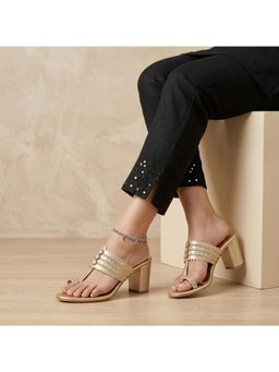 ZELION - Gold Women Round Toe Block Heels