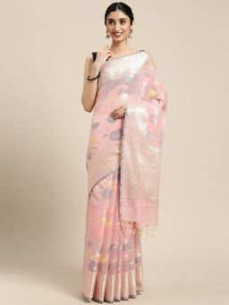 Banarasi Silk Works - Pink Masrise Cotton Tilfi Jaal Zari Border Saree with Unstitched Blouse