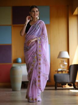 Odette - Lavender Georgette Printed Saree with Unstitched Blouse