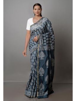 Unnati Silks - Slate Grey Pure Block Printed Chanderi Sico Saree with Unstitched Blouse