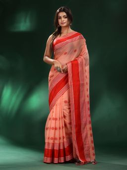 CHARUKRITI - Peach Handspun Cotton Soft Handwoven Saree with Unstitched Blouse