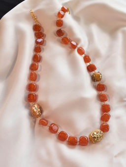 Peach Tassels - Orange Beads Long Necklace