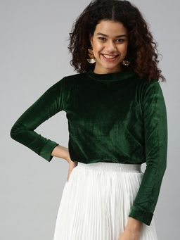 SHOWOFFFF - Women High Neck Full Sleeves Solid Green Top