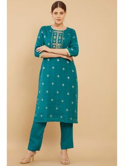 Soch - Women Teal Chanderi Woven Kurta (Set of 2)