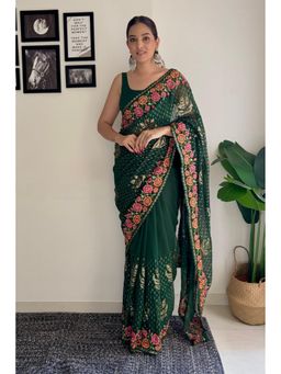 Mysilklove - Cadmium Green Embroidery Designer Georgette Saree Without Blouse