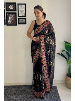 Mysilklove - Coral Black Embroidery Designer Georgette Saree Without Blouse