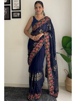 Mysilklove - Navy Blue Embroidery Designer Georgette Saree Without Blouse