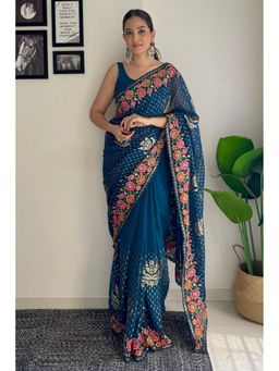 Mysilklove - Teal Blue Embroidery Designer Georgette Saree Without Blouse