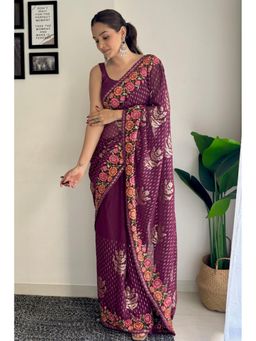 Mysilklove - Wine Purple Embroidery Designer Georgette Saree Without Blouse