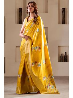 Mysilklove - Gulberg Yellow Printed Soft Dola Silk Saree Without Blouse