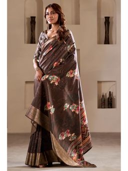 Mysilklove - Americano Coffee Brown Printed Soft Dola Silk Saree Without Blouse