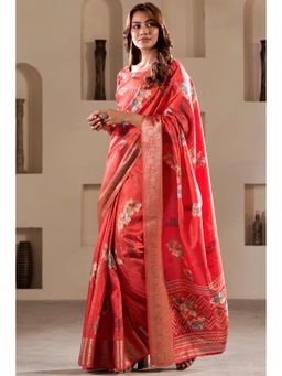 Mysilklove - Tamrillo Red Printed Soft Dola Silk Saree Without Blouse
